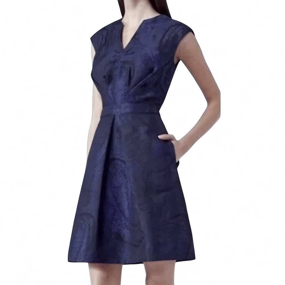 Reiss Evie Nipped Waist Jacquard Fit & Flare Purple Black Knee Length Dress Sz 8